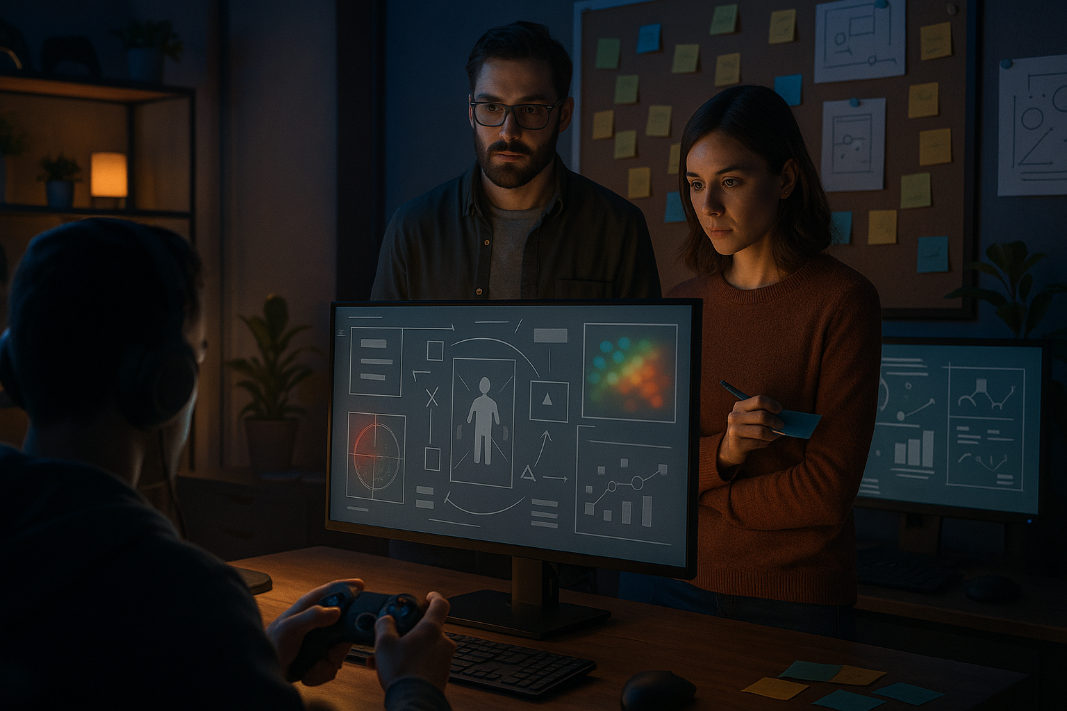 Indie game UX playtesting session: player with a controller while two developers observe a monitor with interface mockups in a dim studio.